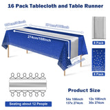 16Pack Disposable Plastic Tablecloths and Satin Table Runner Set Blue and Silver Dot Tablecloth Silver Satin Table Runner for Wedding Birthday Baby Shower Anniversary Christmas New Year Party Supplies