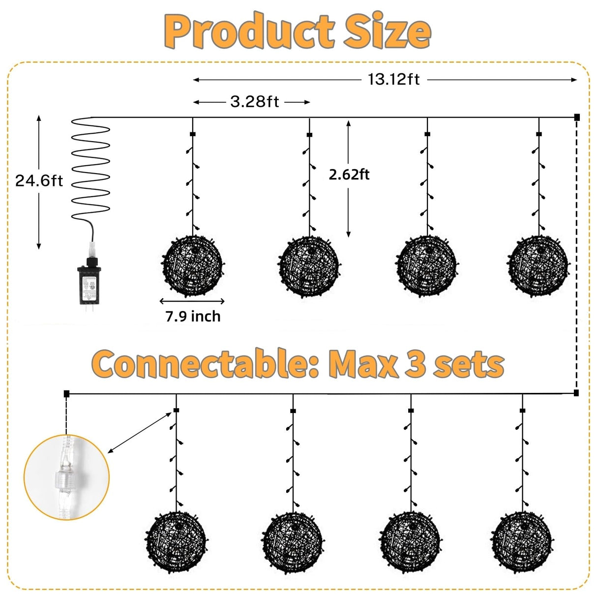 Outdoor Christmas Balls Lights 4 Pack Hanging 7.9" LED Garden Sphere Tree Lights 8 Modes Waterproof Glow Globe Lights with Memory Timer Plug for Party Yard Porch Eave Patio Xmas Decorations-Warm White