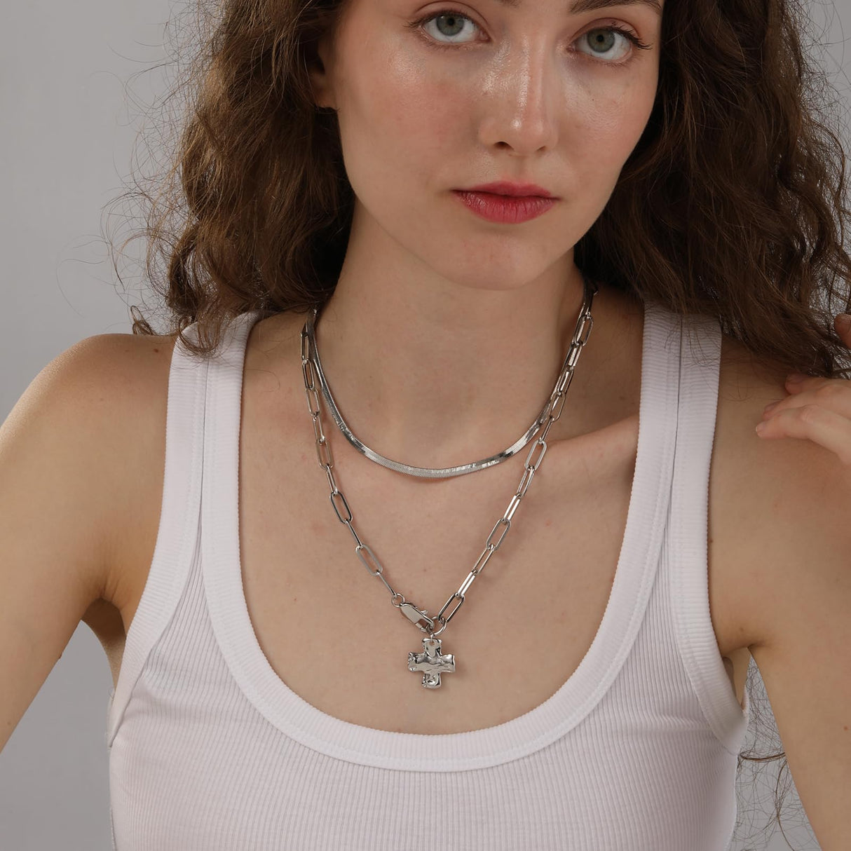 Bheop Chunky Cross Necklace for Women, Silver Layered Herringbone Necklace