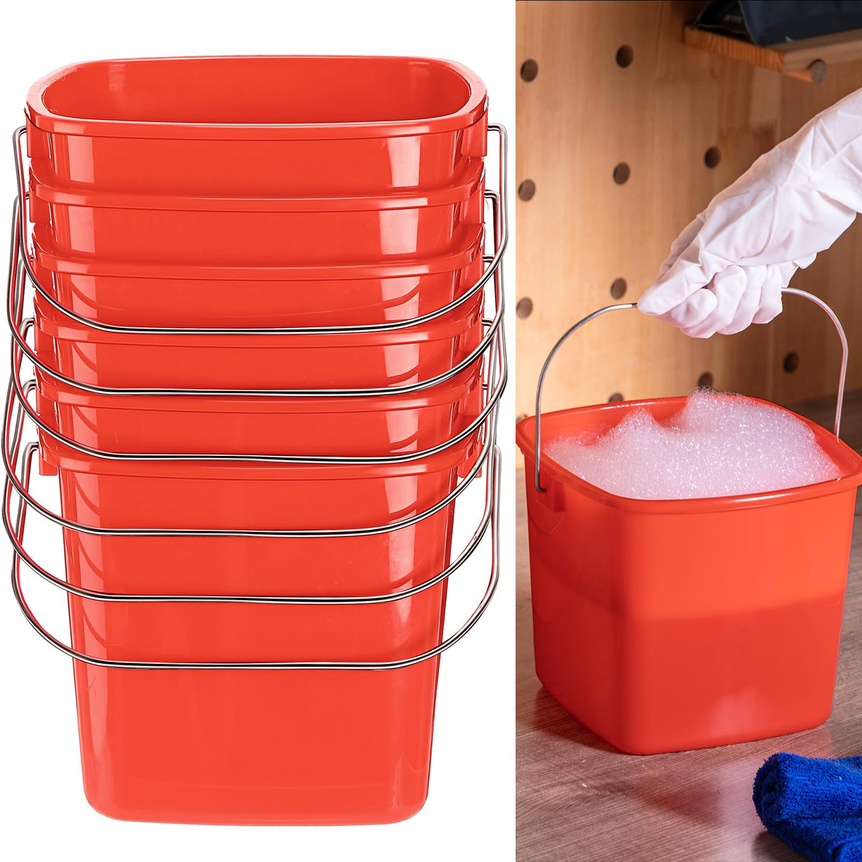 Zhehao 6 Pcs 3 Quart Bucket for Cleaning Small Sanitizer Bucket for Restaurant Square Plastic Pail with Handles for Home, Offices, Commercial Use, Food Service(Red)