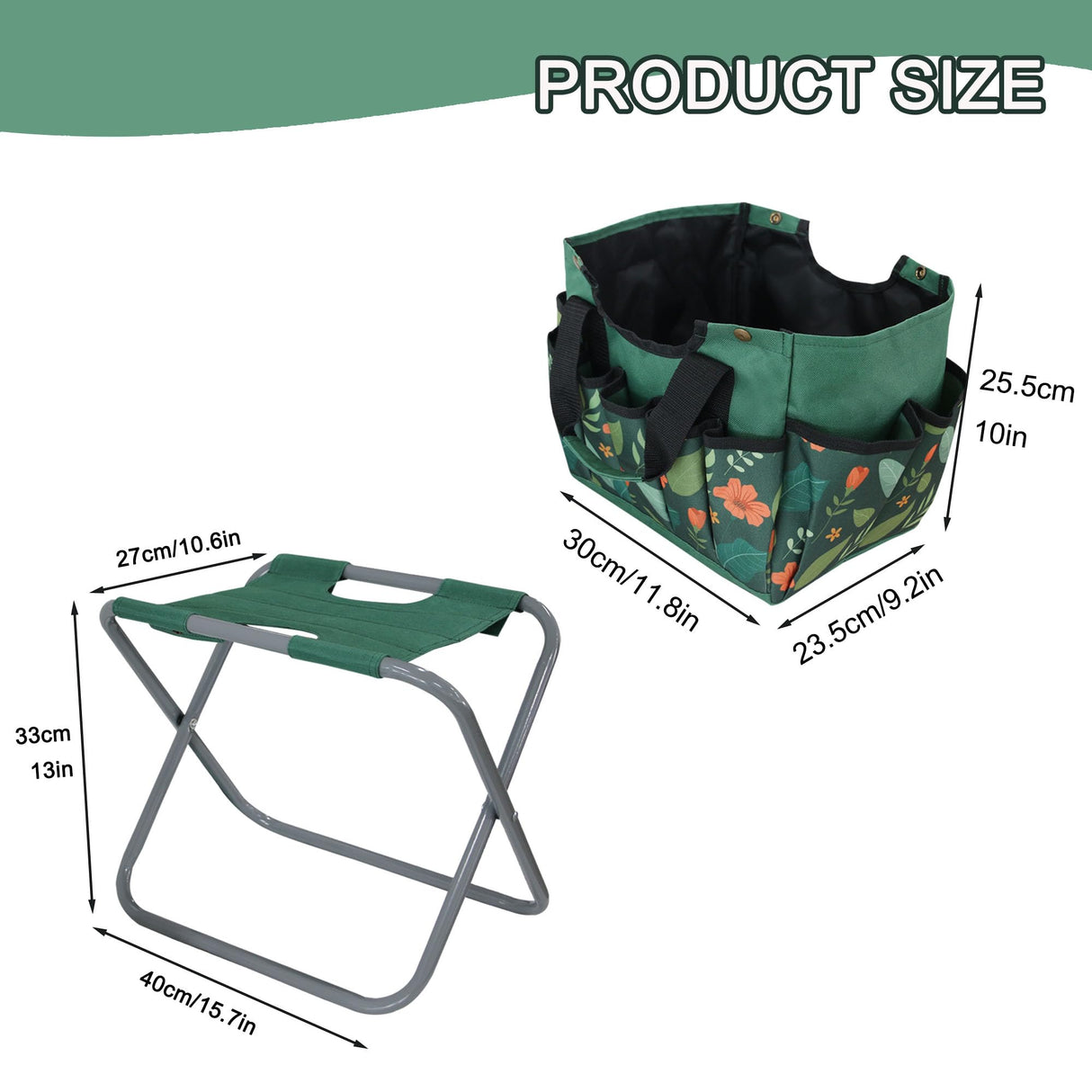 GeerDuo Folding Gardening Stool with Detachable Storage Tote Bag, Multifunctional Gardening Tools Set Organizer for Fishing and Camping,Portable Garden Chair Seat for Adults (Green Flower)