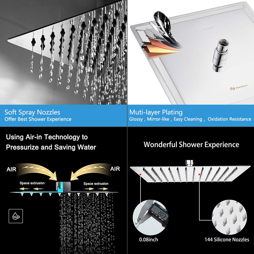 NearMoon Rain Shower Head, High Flow Stainless Steel Square Rainfall Shower, Waterfall Bath Shower Body Covering, Ceiling or Wall Mount (12 Inch, Chrome Finish)