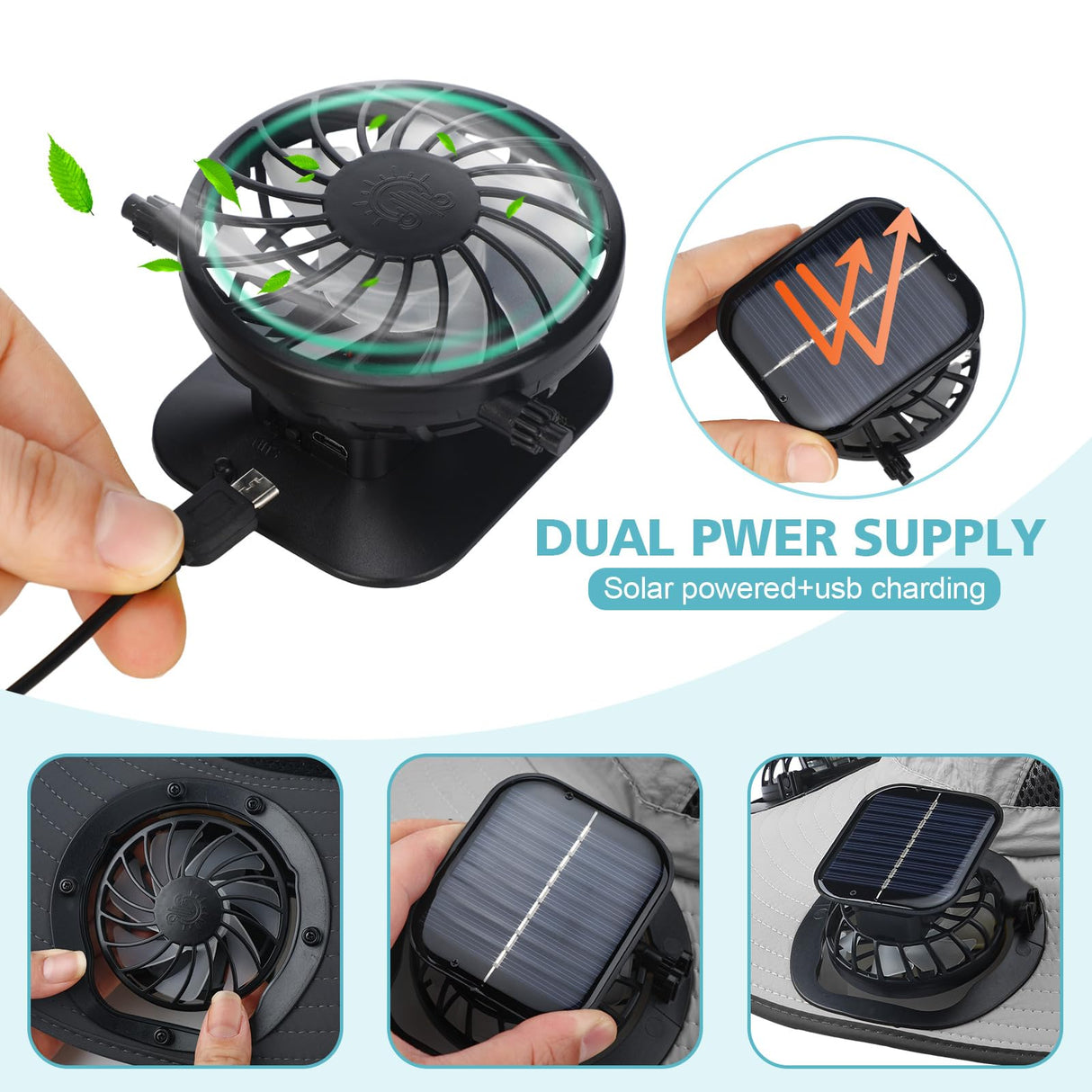 Glitopper 2 Set Wide Brim Solar Fan Hats with 2 Solar Fan and Arm Sleeves Set Outdoor Fishing Bucket Hat for Men Women Hiking(Black and Light Gray,Simplicity)