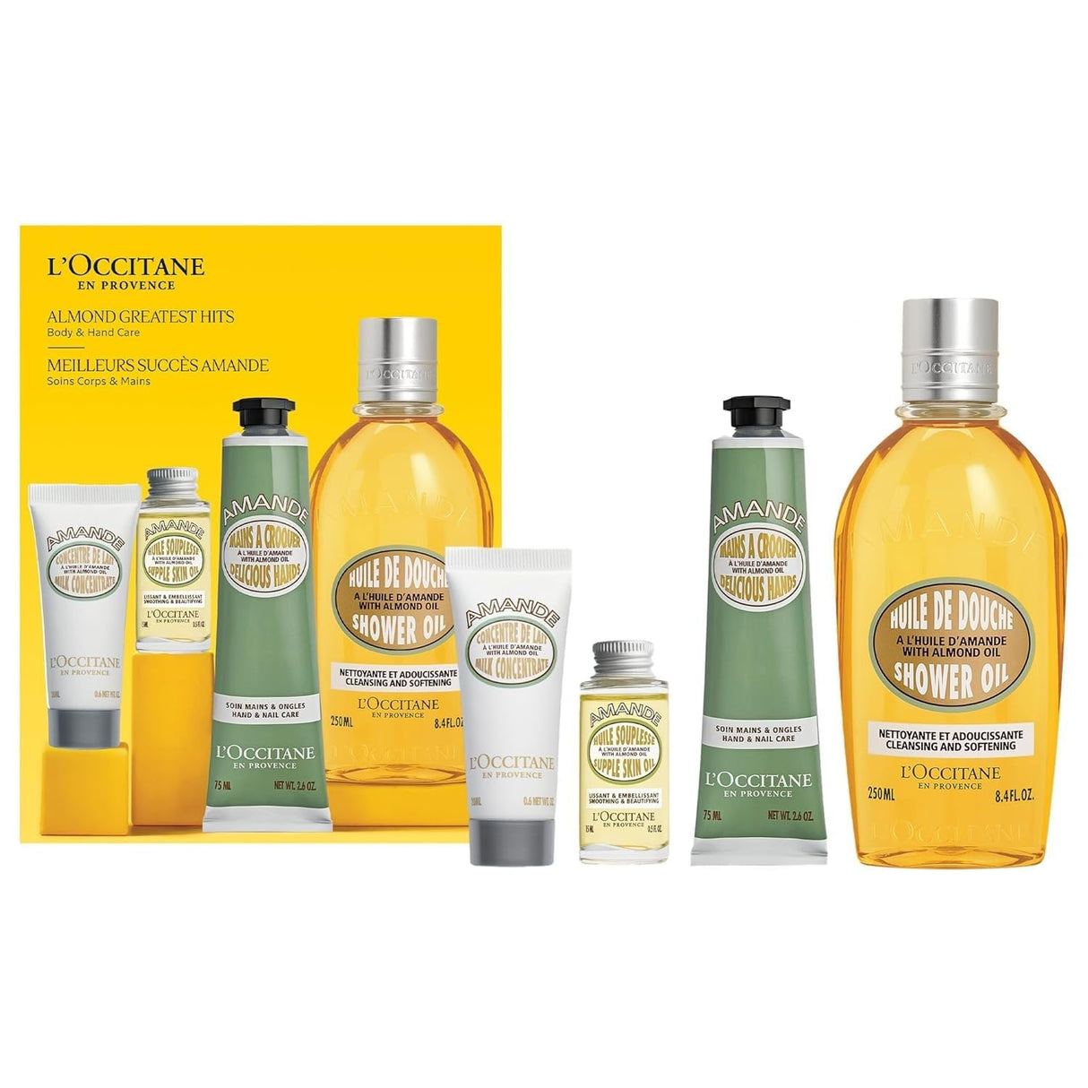 L'Occitane Almond Greatest Hits: Cleansing Shower & Supple Skin Oils, Moisturizer & Hand Cream, Purifies, Hydrates, Smooths Skin, Bath & Body Gift Set