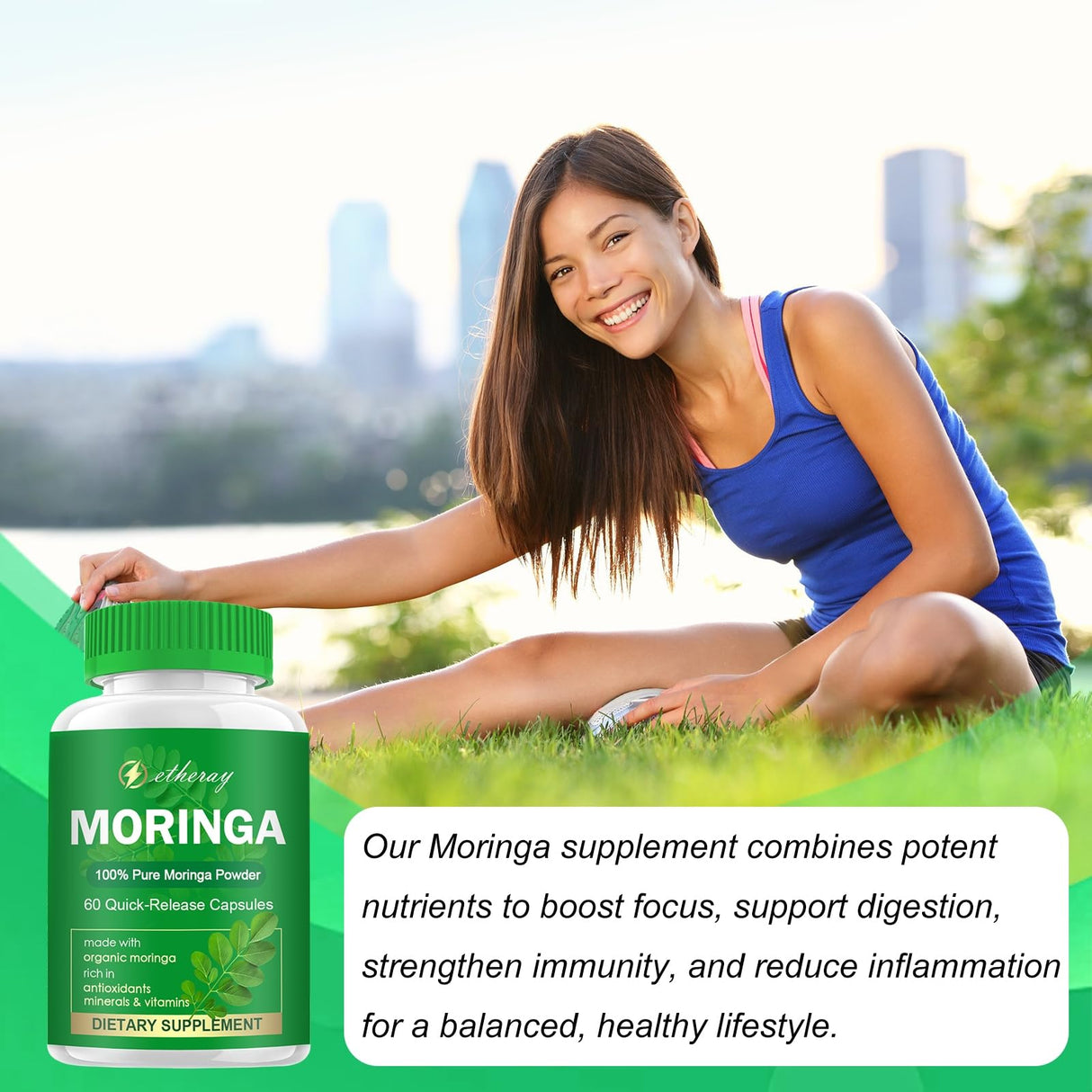 etheray Moringa Capsules, Pure Moringa Powder 800mg per Serving - Rich in Antioxidants Multi Minerals & Vitamins | Green Superfood - Supports Energy, Skin Health, Gut Health - 60 Capsules