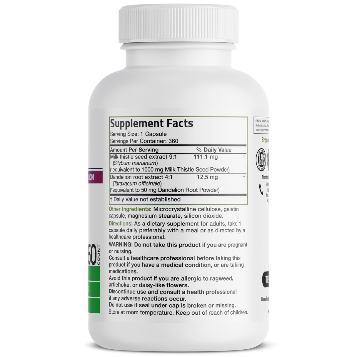 Bronson Milk Thistle Silymarin Marianum & Dandelion Root Liver Health Support, Antioxidant Support, Detox, 360 Capsules