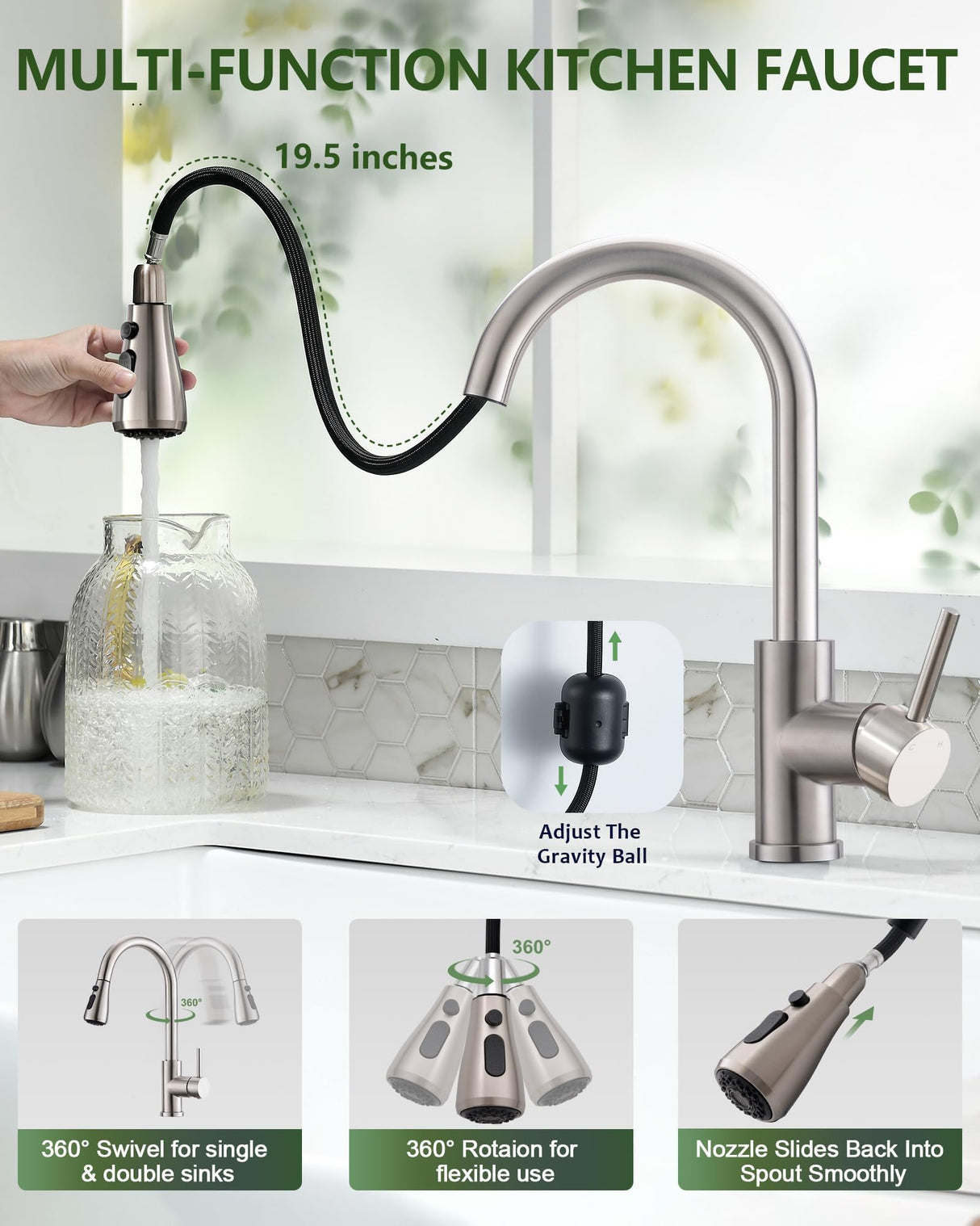 Kitchen Faucet with Pull Down Sprayer, VFAUOSIT Lead-Free Kitchen Sink Faucet Brushed Nickel Stainless Steel High Arc Pull Out Single Hole Kitchen Faucets for Pot Filler, Farmhouse RV Bar Laundry Room