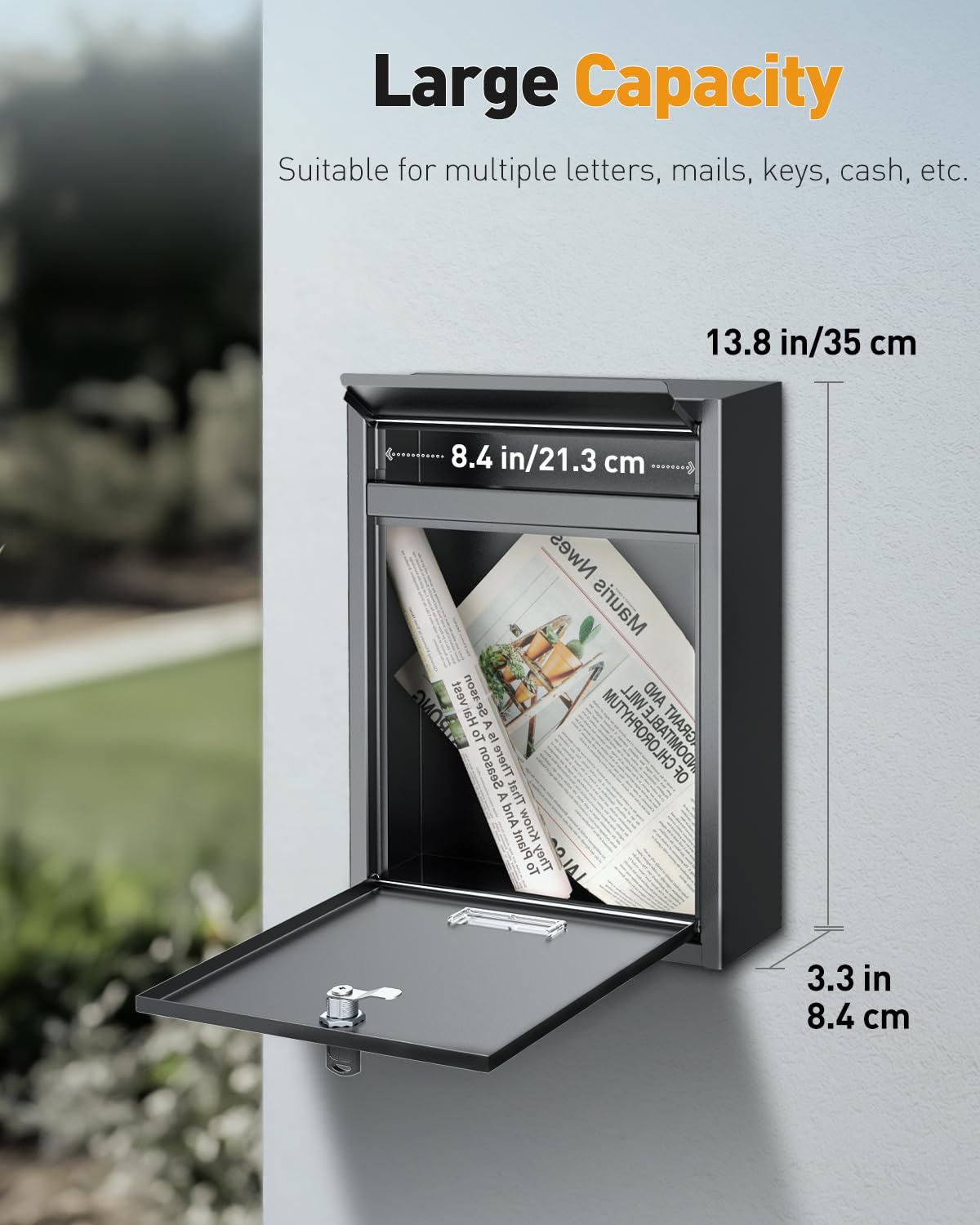 Uniclife Wall Mount Mailbox for Outside, Locking Mail Box, Large Mailbox with Key Lock, Security Mail Box for House, Safe Key Drop Box, Post Box, Steel Cash Drop Box for Home Office School, Black