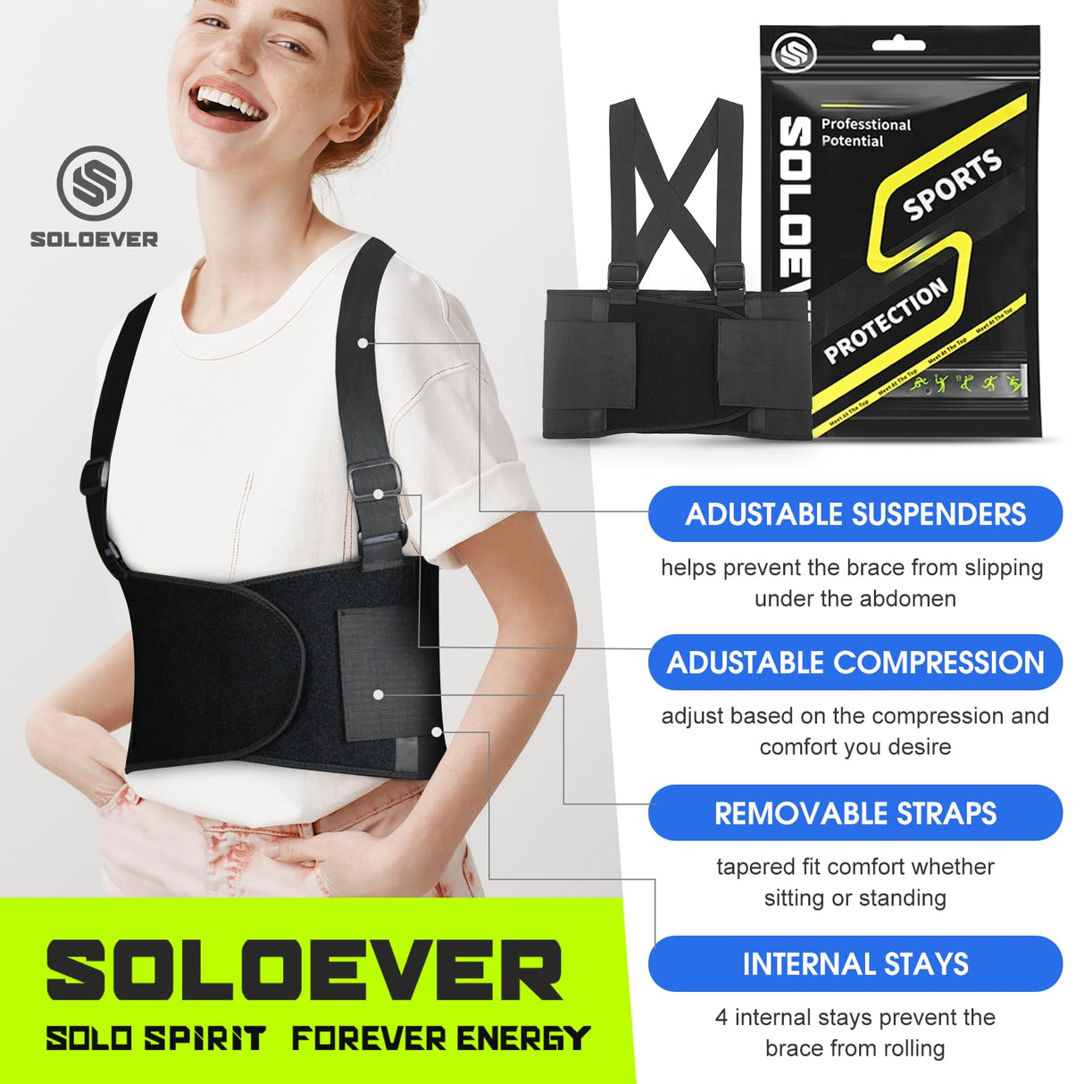 SOLOEVER Work Back Brace for Men & Women, Adjustable Lower Back Support Belt with Suspenders for Back Pain Relief, Moving Construction Warehouse Heavy Lifting Safety & Protection (Black, Medium)