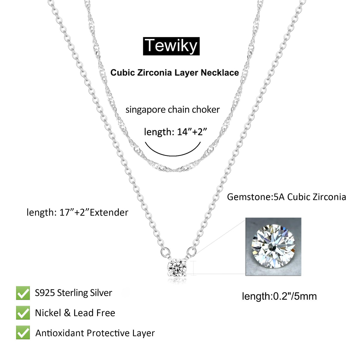 Tewiky Layered Sterling Silver Necklace for Women, Dainty Cubic Zirconia Pendant Necklace Simple Chain Choker Necklaces Jewelry Fashion Set Gifts