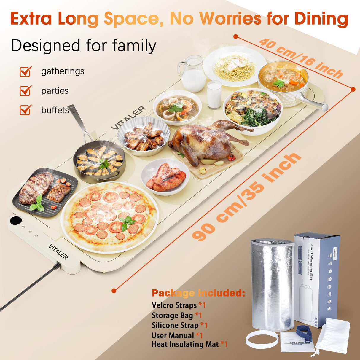 Vitaler Warming Mat for Food, (XXL 35”x16”) Electric Warming Trays, Upgrade Graphene Fast Full-Surface Heating Mat for Food with 6 Level Temp, 6 Hours Timer, Food Warmer Pad with Heat-Insulating Mat