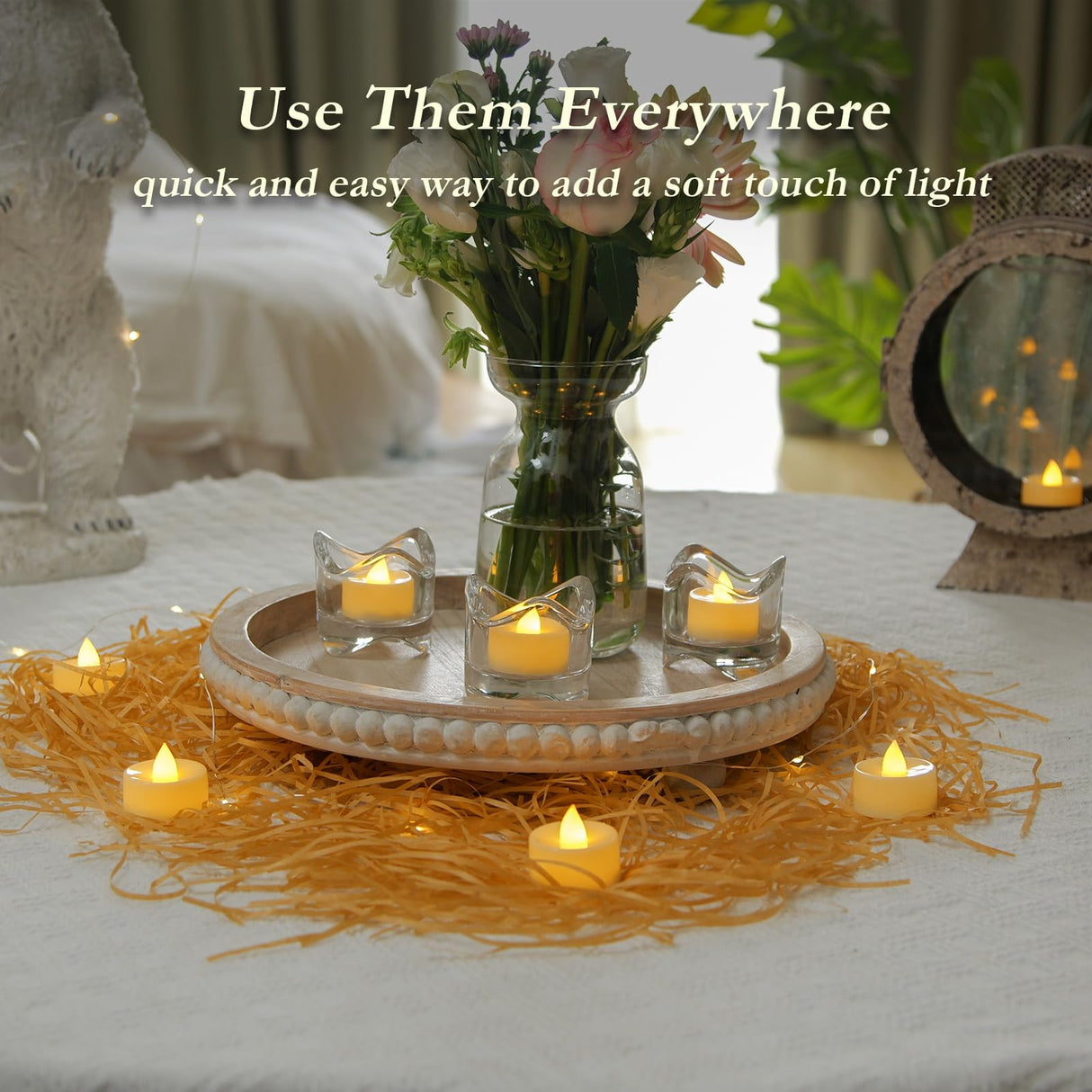 Amagic 50 Pcs Flickering Flameless Tea Lights Battery Operated, 200+ Hours Long Lasting Electric Candle for Wedding Table Centerpiece, Home Decor, Gift, Birthday, Halloween, Christmas, Ivory Base