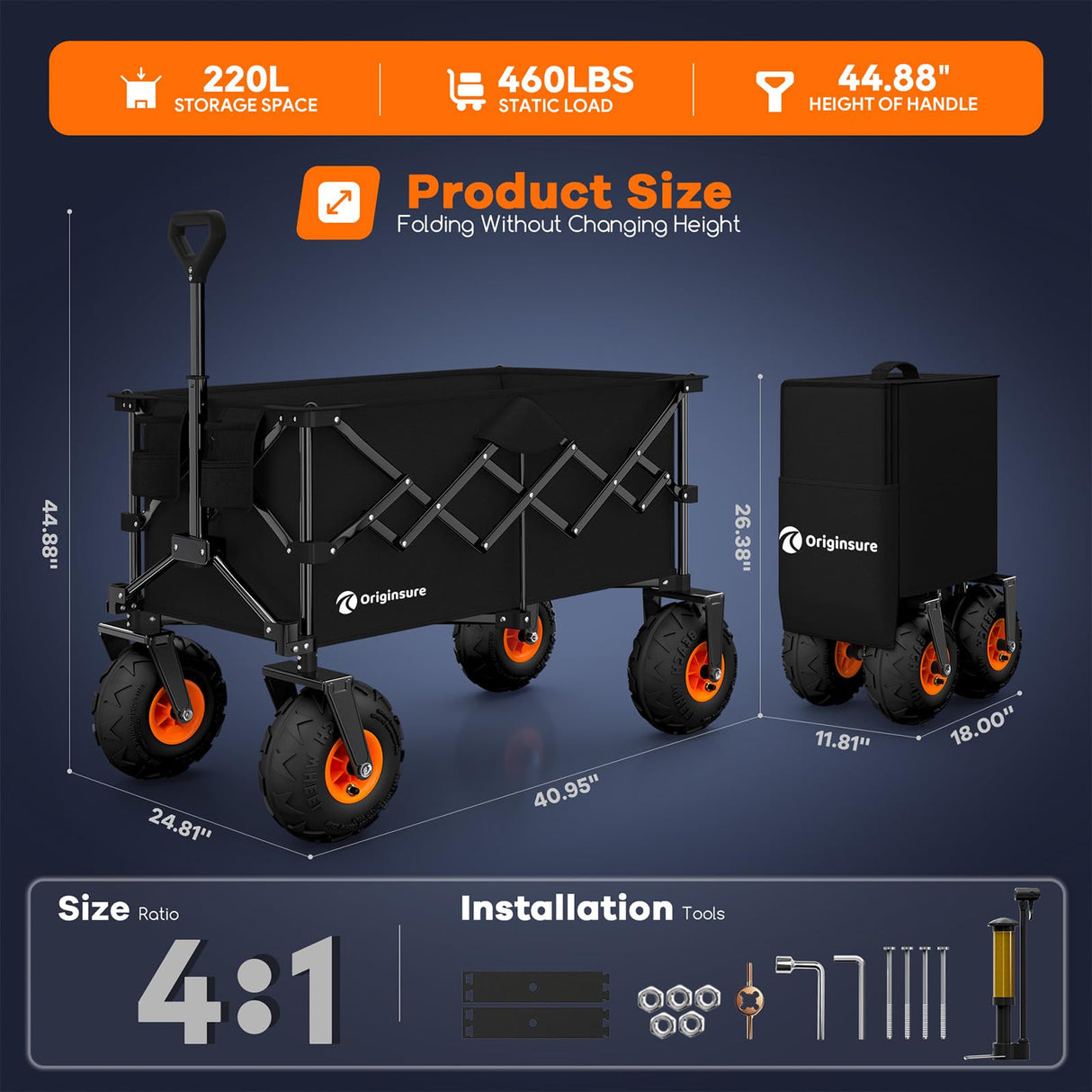Originsure 220L Collapsible Beach Wagon with Balloon Wheels, 460lbs, Black