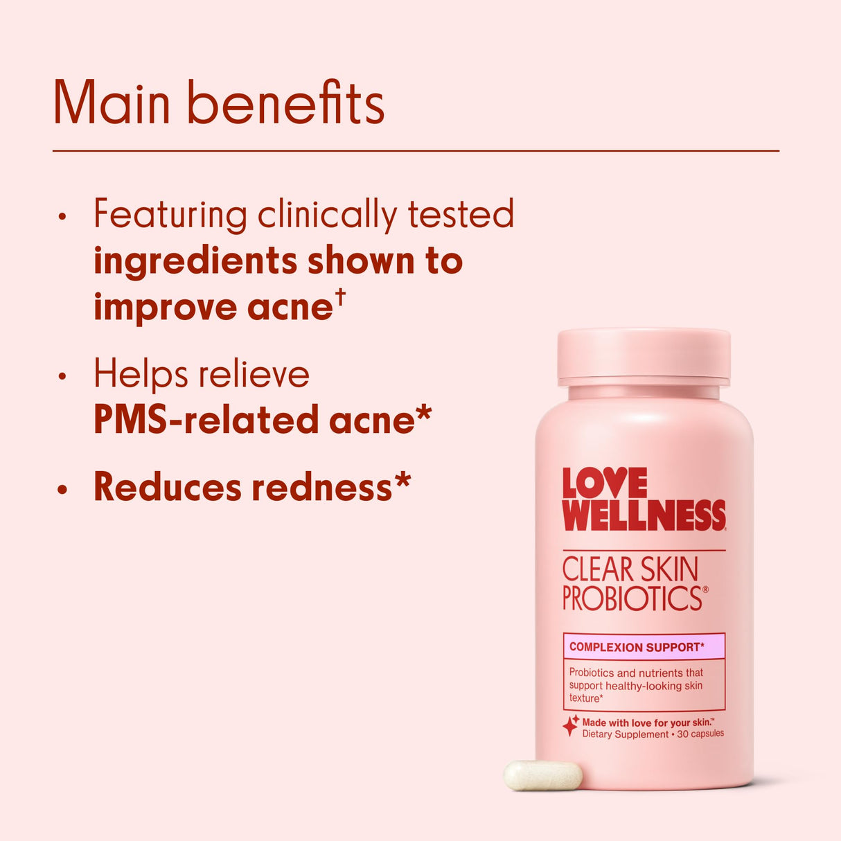 Love Wellness Clear Skin Probiotic | Clear Up Hormonal Acne Pimples, Redness & Pore Minimizer | Skin Care with Zinc, Bifidobacterium Longum & Chaste Tree Fruit Extract | Acne Treatment | 30 Count