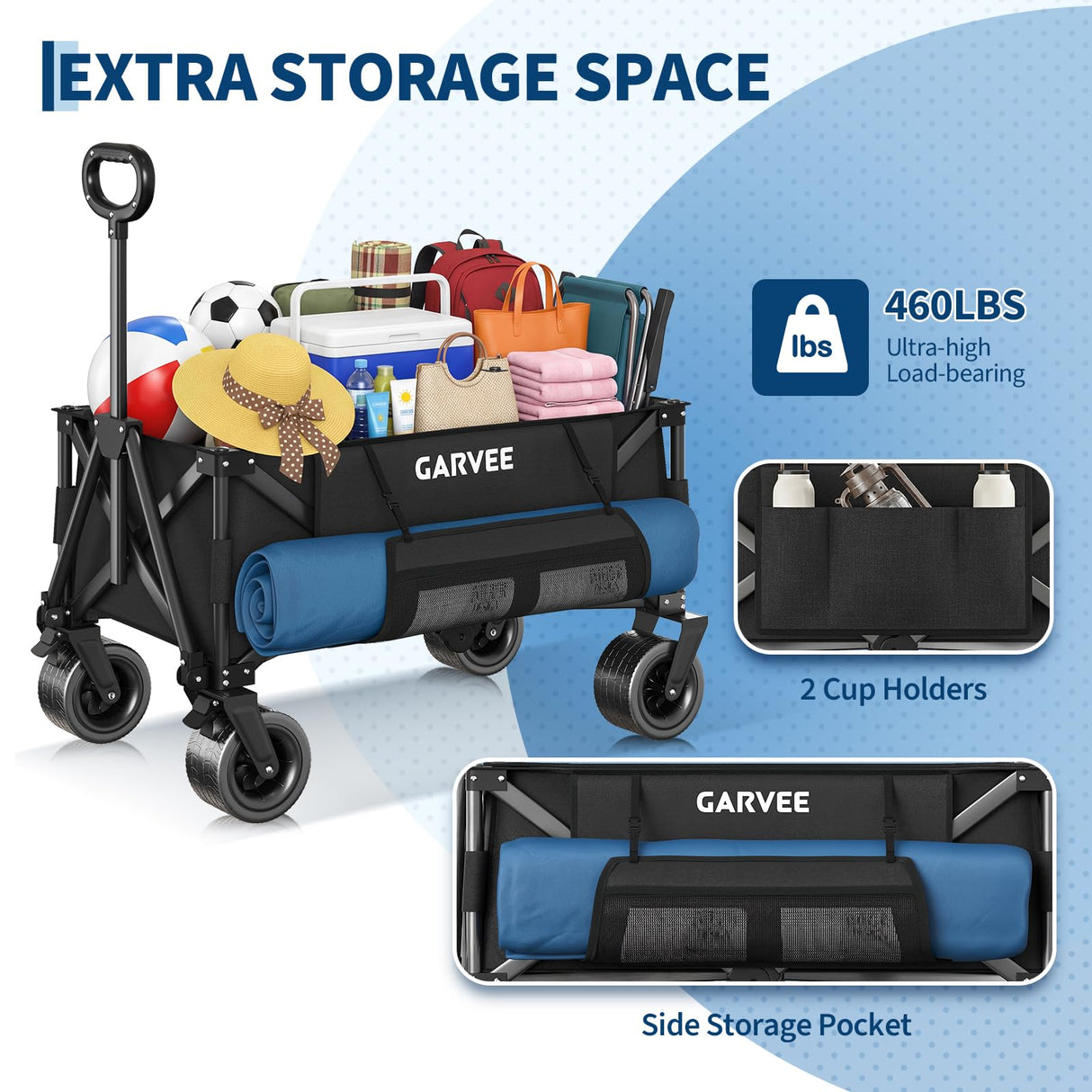 Wagon Carts Foldable, 460LBS Weight Capacity 280L Collapsible Wagon with All-Terrain Wheels, Drink Holders, Storage Cover&Elastic Rope, Utility Carts for Groceries, Shopping, Camping, Sports -Black