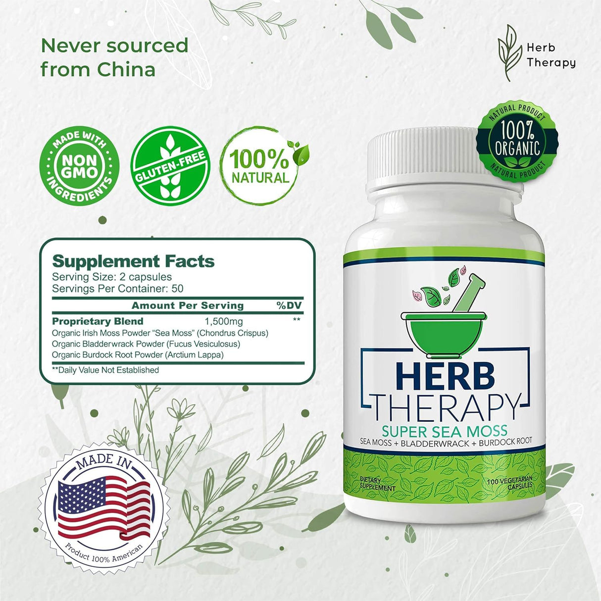 Herb Therapy Sea Moss Capsules 100 Pack - Irish Sea Moss with Bladderwrack Powder & Burdock Root Powder - Keto & Alkaline Diet Support - No Fillers Seamoss Raw Supplement