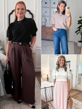 ATHMILE Women's Puff Short Sleeve Sweater Tops 2025 Fall Winter Trendy Crew Neck Casual T Shirts Blouses Christmas A-Wine Red