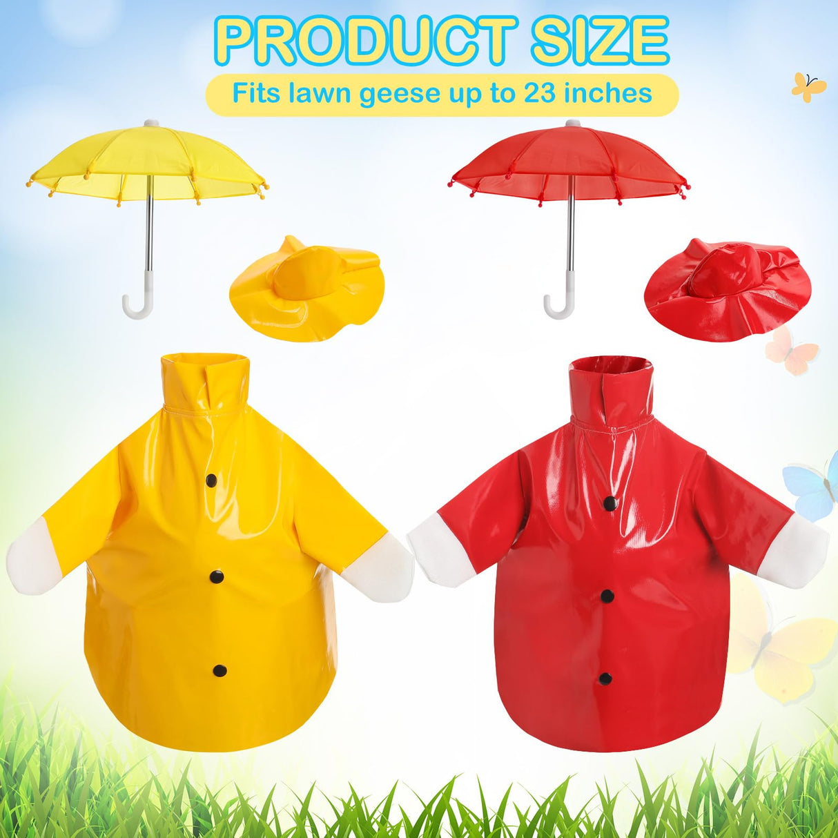 Yeyeplum 2 Set Porch Goose Outfit Raincoat and Umbrella Summer Lawn Porch Goose Cloth Costume Raincoat Outfits for Summer Outdoor Patio Yard Lawn Decoration(Red and Yellow,23 Inches,Classic Style)