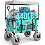Navatiee Beach Wagon with Big Balloon Wheels for Sand, 200L Extra Large Beach Cart with Canopy, 440Lbs Heavy Duty Folding Wagon Collapsible with 9" Tires & Side Pocket for Beach, Outdoor, Light Blue