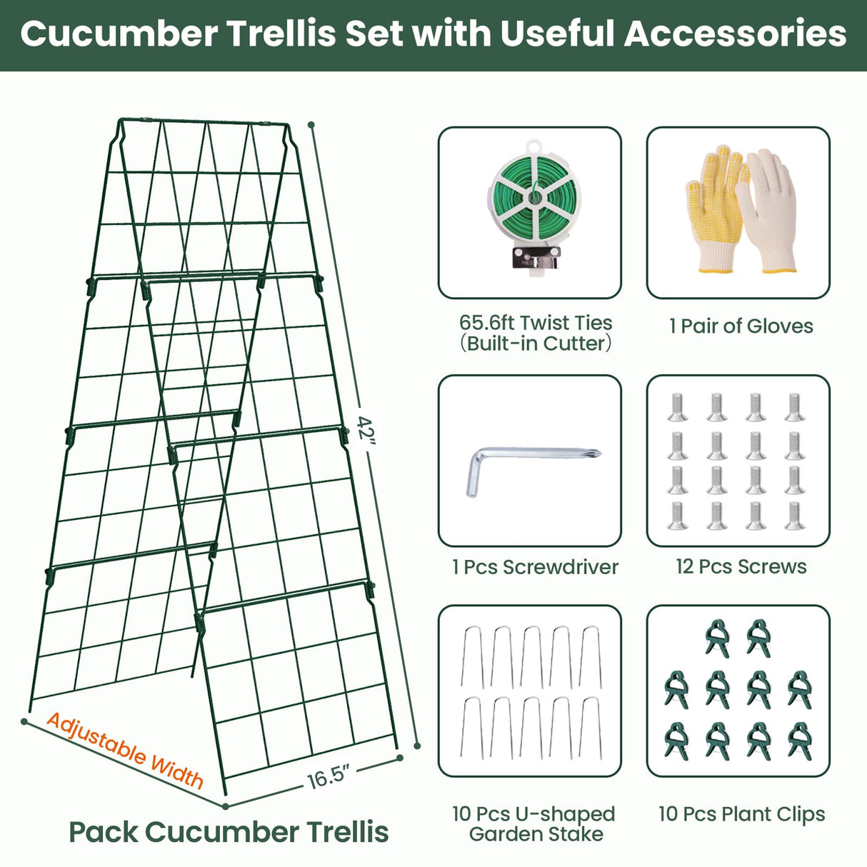 2 Pack Cucumber Trellis, 48"x16" Adjustable A-Frame Trellis for Climbing Plants, Metal Foldable Upgraded Vegetable Trellis for Raised Bed, Support for Tomatoes, Squash, Zucchini, Vegetables & Flowers