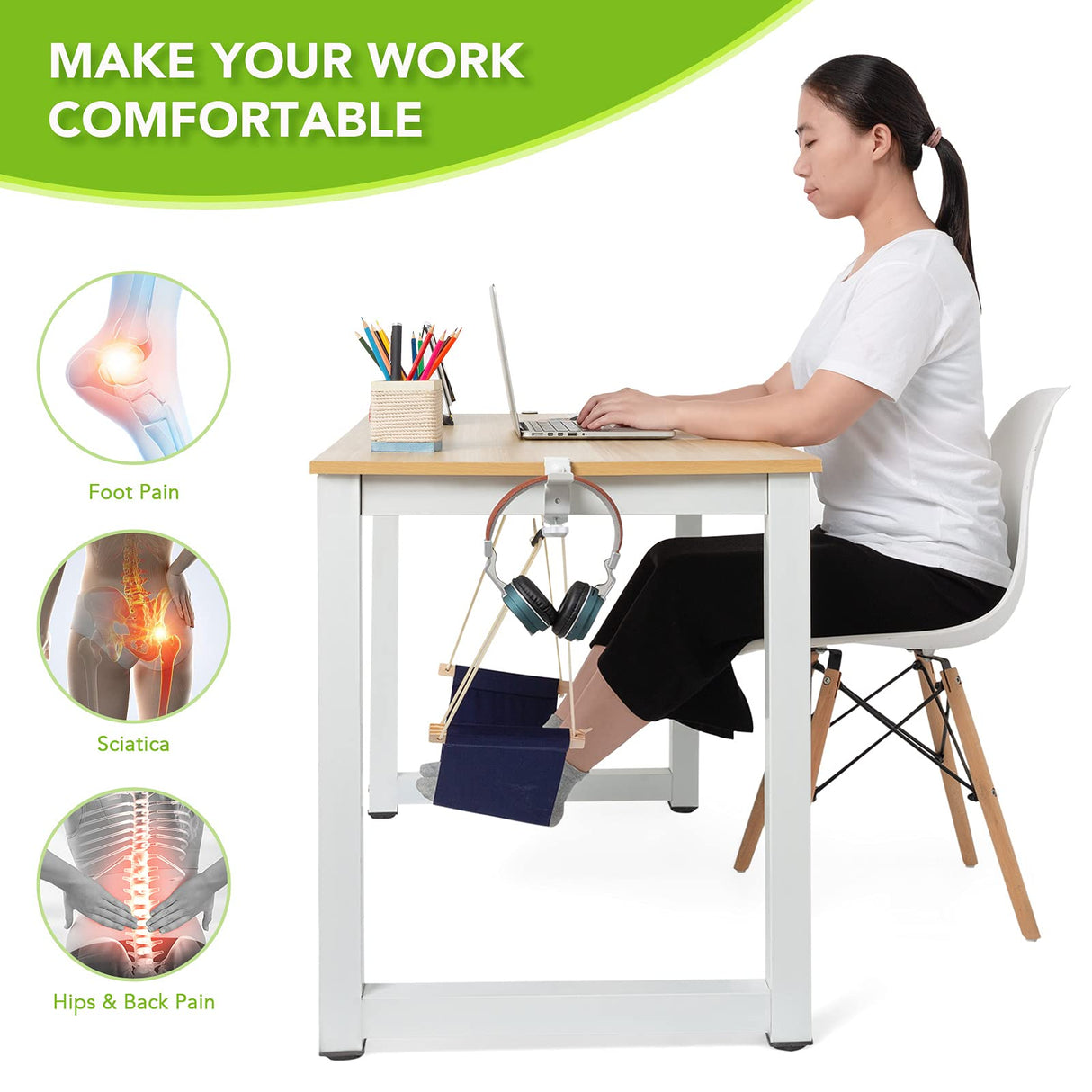 iMissiu Foot Hammock Under Desk Footrest | Adjustable Office Foot Rest Under Desk Hammock | Portable Desk Feet Hammock with Headphones Holder (Black)