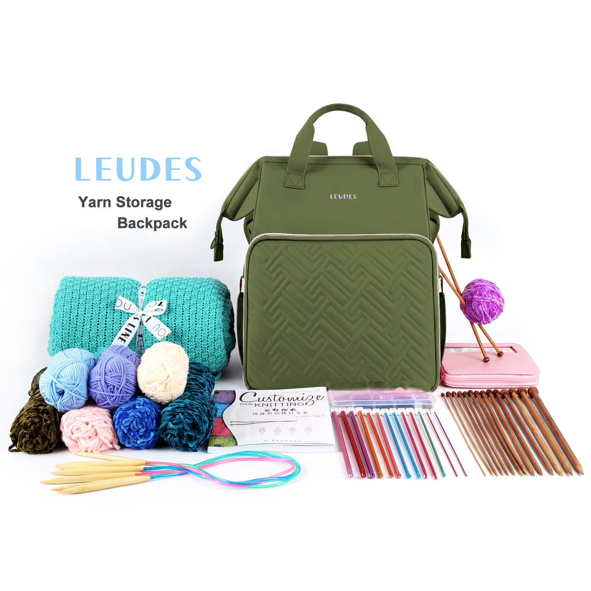 Leudes Knitting Bag Backpack,Yarn Storage Organizer Large Crochet Bag Tote Christmas Gift Yarn Holder Case for Carrying Projects,Knitting Needles (Army Green)