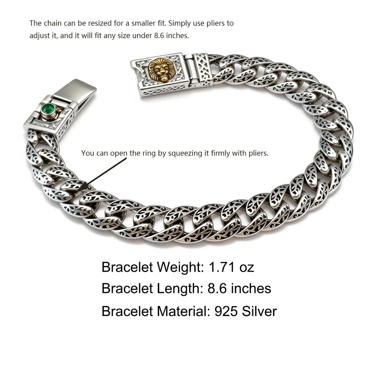 Italian Sterling Silver Men's Bracelets Jewelry，8.6" Lion