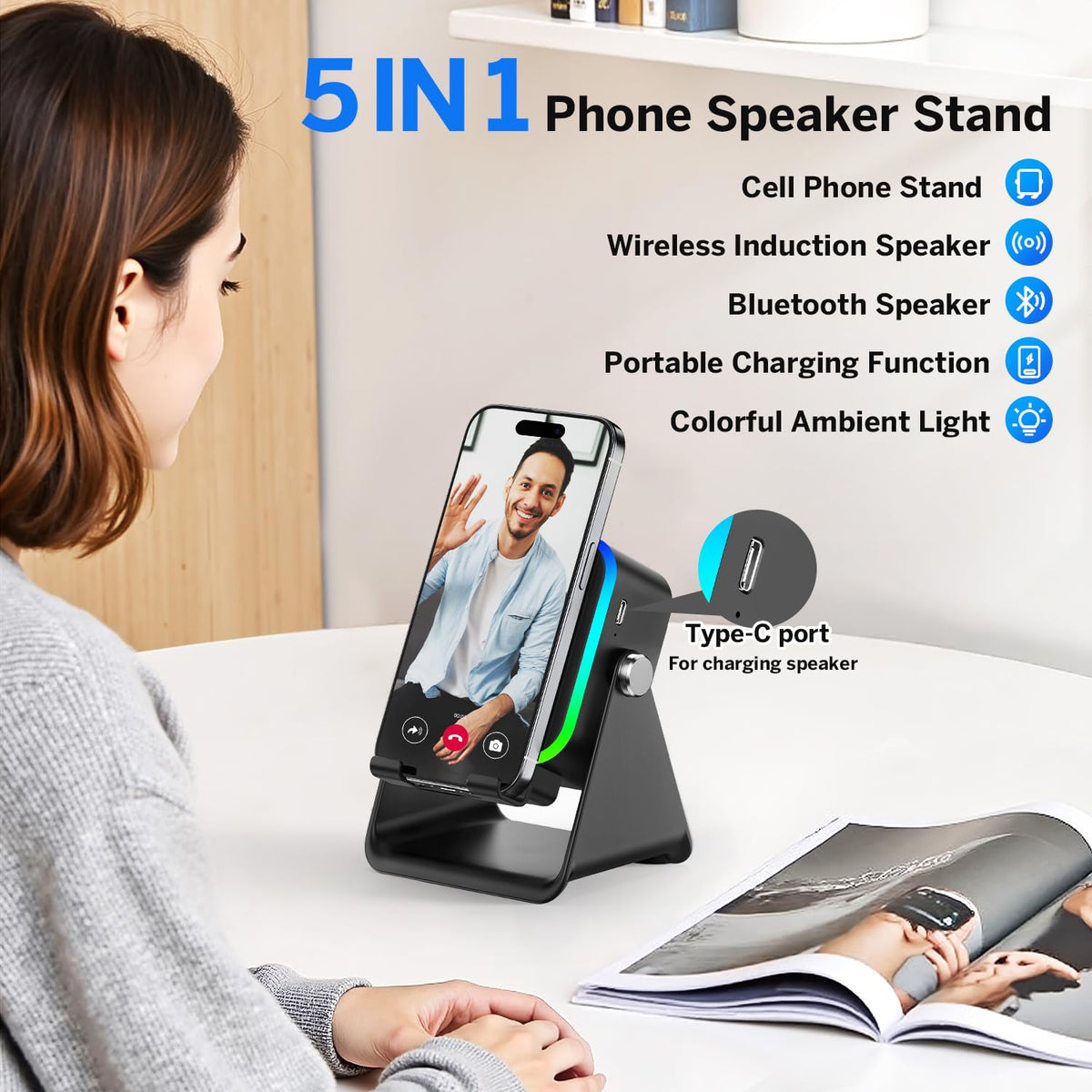MILOUZ Wireless Induction Speaker 5-in-1 Bluetooth Speaker with Phone Stand