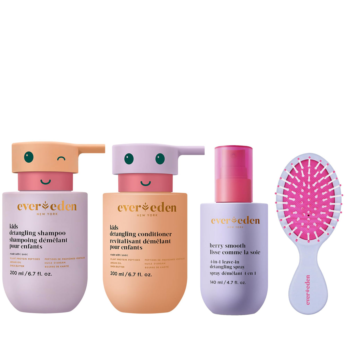 Evereden Kids Complete Haircare Set: Hair Detangling Shampoo, Conditioner & Spray for Children Ages 3+ & Pain-Free Hair Brush, Plant Protein Peptides & Argan Oil, Vegan, Free from Sulfate and Paraben