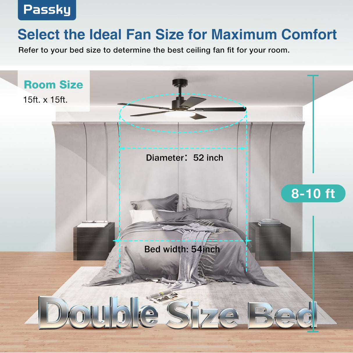 Passky Ceiling Fans with Lights, 52 inch Sleek Ceiling Fan with Light and Remote Control, 3CCT, Dimmable, Reversible, Noiseless, Black Ceiling Fan for Bedroom, Living Room