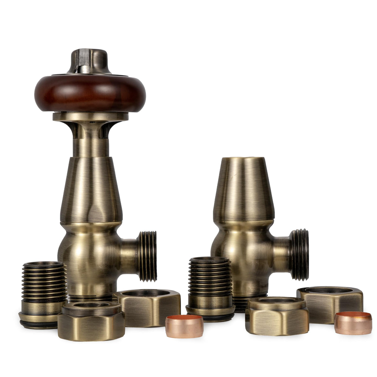 VANCOCO Traditional Angled Radiator Valves 1/2"×15mm, Brass Thermostatic Valve with Solid Wood Handwheel, Cast Iron Antique TRV Pair (Antique Brass)