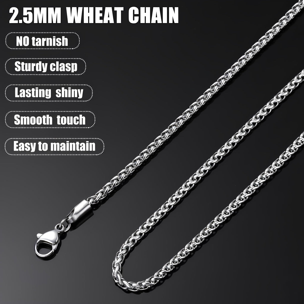 Fiusem 2.5mm Silver Tone Wheat Chain for Men, 24 Inches