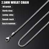 Fiusem 2.5mm Silver Tone Wheat Chain for Men, 24 Inches