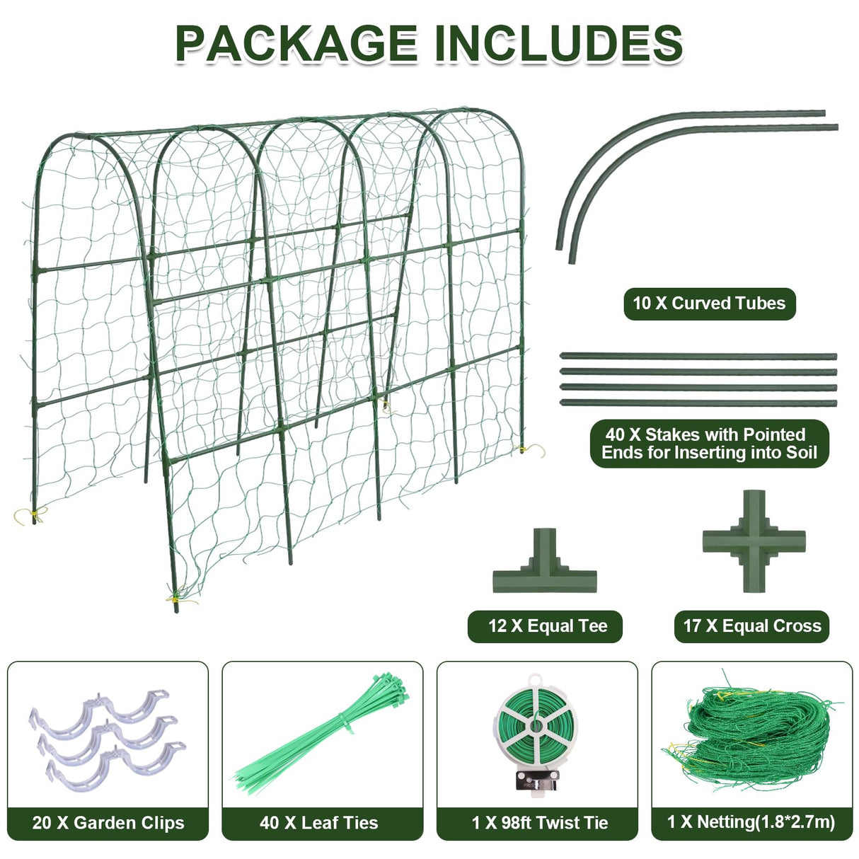 iGreely Cucumber Trellis for Raised Bed, U-Shape Garden Arch Metal Support for Climbing Plants, Metal Arch Vegetables Trellis, Plant Support for Vine (Green, 69.3" L×30" W×47.2" H)