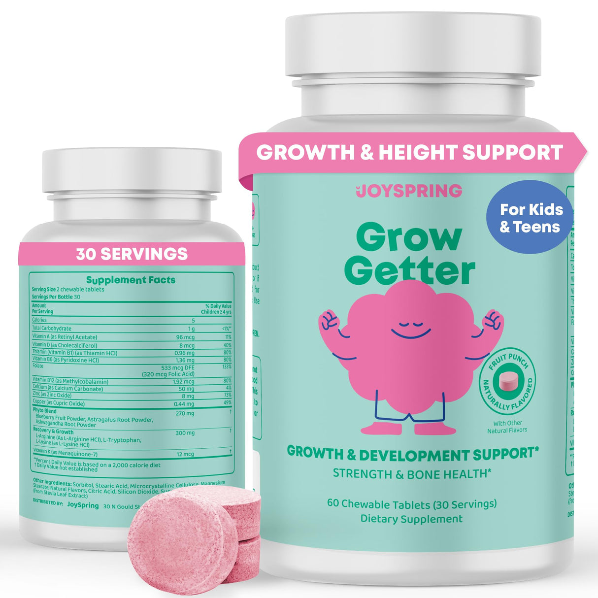 JoySpring Growth Vitamins for Teens & Height Support for Kids - Encourages Stronger Bones & Healthy Natural Growth - Sugar Free - L-Arginine, L-Lysine, Zinc, Vitamin D & K2-30 Servings