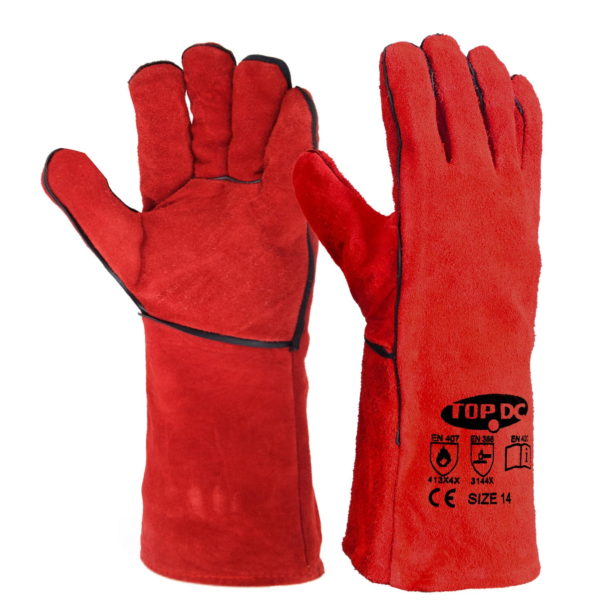 TOPDC Welding Gloves 14 Inches Fire/Heat Resistant Leather For Mig,Tig,Stick,Forge,BBQ,Grill, Fireplace,Wood Stove, Furnace,Pot,Oven (14 Inch-Red)