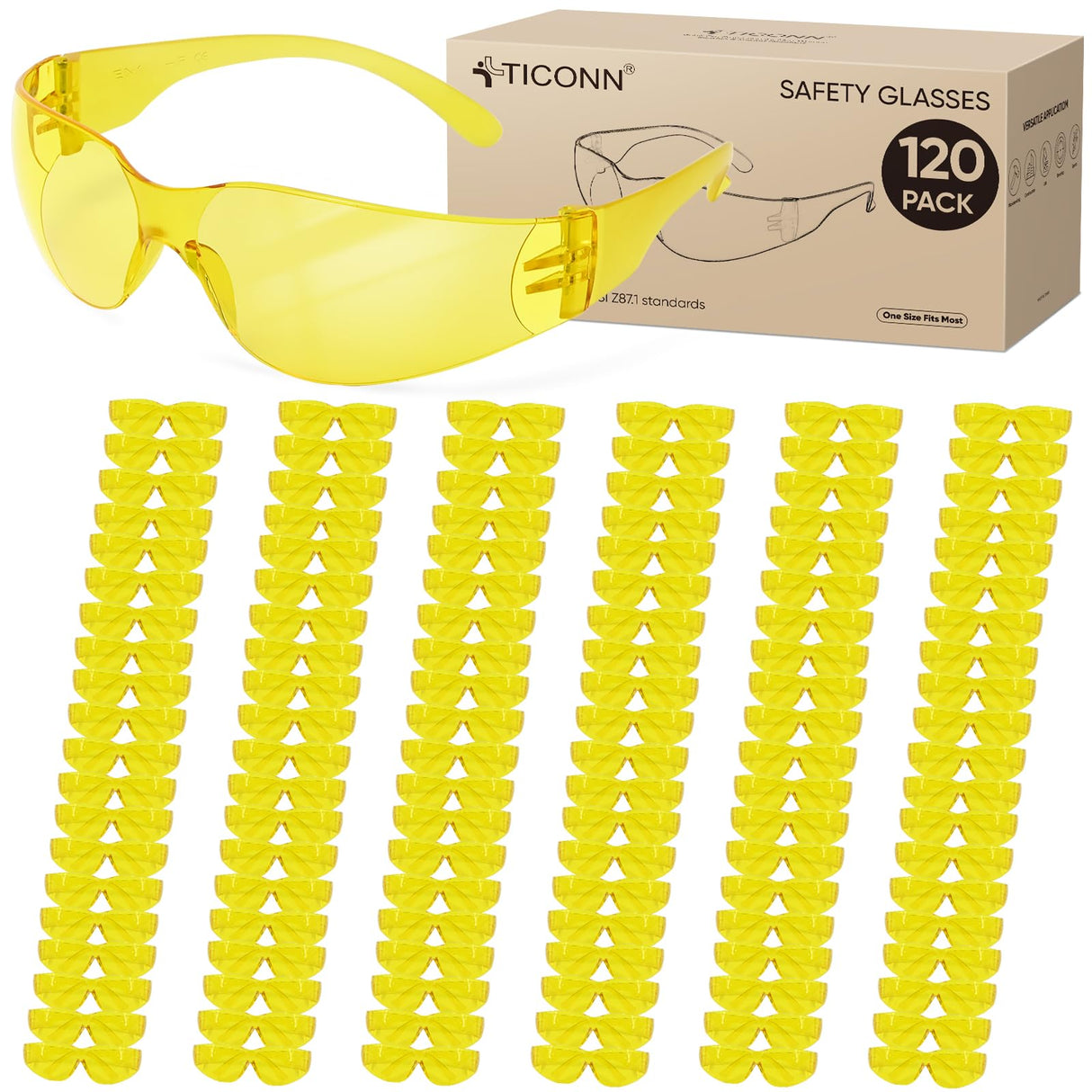 TICONN Clear Safety Glasses for Men and Women, Safety Goggles with Scratch Impact Resistant Meets ANSI Z87.1 Standard (Yellow, 120 Pack)