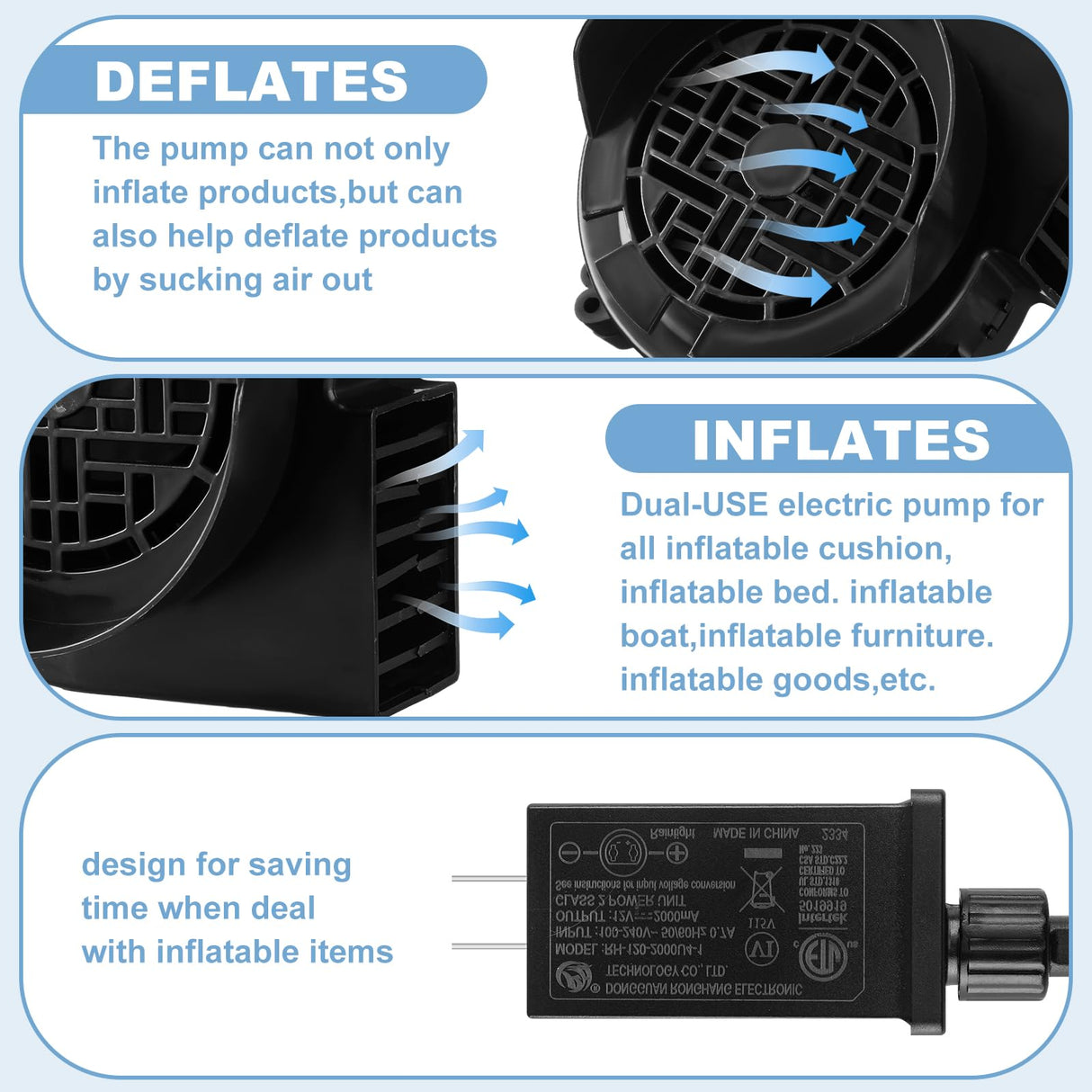 Landhoow Inflatable Replacement Fan Blower 12v 1.5a Air Blower Fan for Inflatables with 6 Adapter LED Lights Waterproof for Halloween Christmas Outdoor Yard Decorations