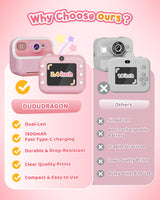 Instant Camera, Front Rear Dual Selfie Kids Camera with 1080P Videos, Holiday Birthday Gifts for Kids Age 3-12, Toddler Portable Travel Print Digital Camera Toy for 4 5 6 7 8 9 Year Boys Girls