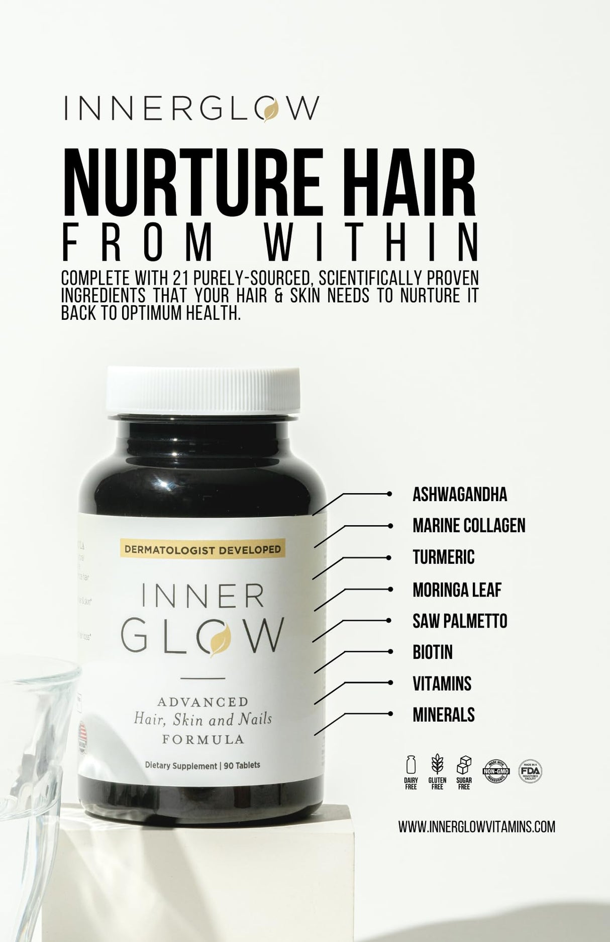 Inner Glow Advanced Hair, Skin & Nails Formula - Dermatologist and Plastic Surgeon Developed, clinically Tested for visibly Stronger and Thicker Hair in 12 Weeks