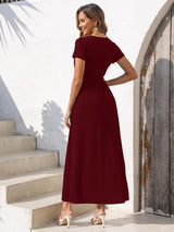 Gracyoga Womens Summer Wrap Christmas Dresses Fall Midi Smocked Swing Wine Red Dress Empire Waist Vintage V Neck High Waist Casual Long Sundress Dinner Outfit L