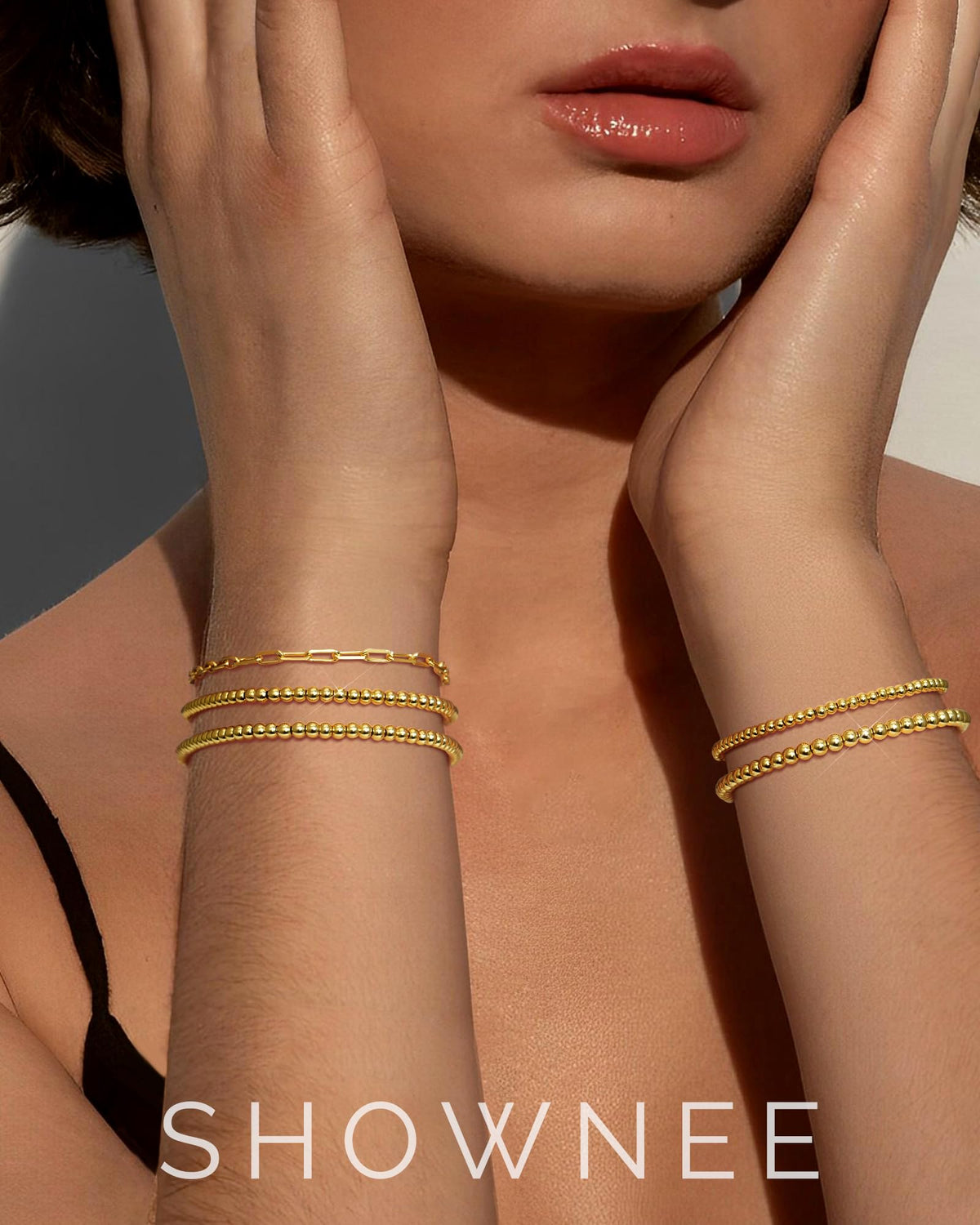 shownee Gold Beaded Bracelet for Women 14K Gold Plated Bracelets Gold Stretch Bead Ball Bracelets Hypoallergenic Stackable Bracelet Set 6.8 inch small Graduation Gift for Her Mothers Day Gifts for Mom