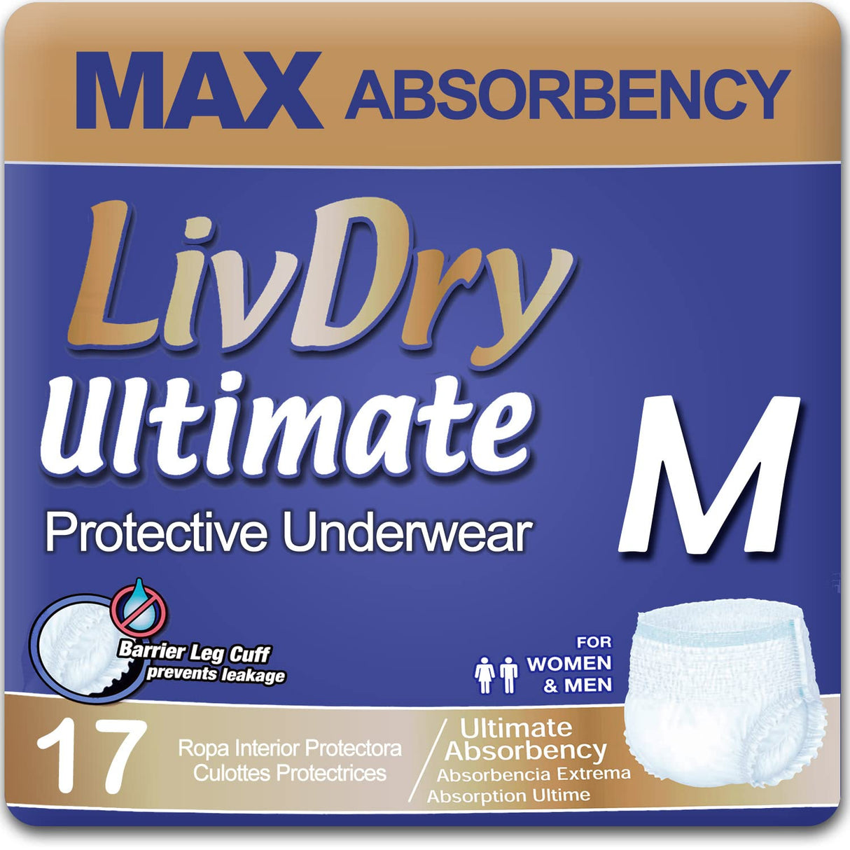 LivDry Ultimate Adult Incontinence Underwear, Max Absorbent Adult Diapers with Leak Protection, Medium, 17-Pack