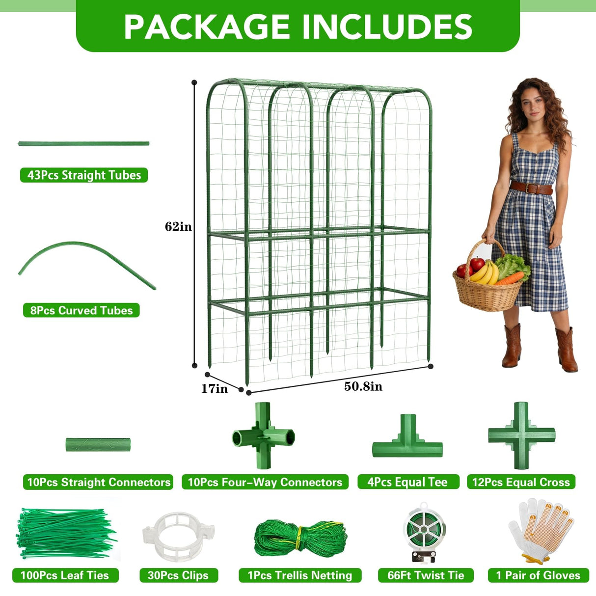 62" Tall Cucumber Trellis for Raised Bed, Garden Trellis for Climbing Plants Outdoor, U-Shape Metal Arch Vegetables Trellis Plant Support for Zucchini Squash Vines