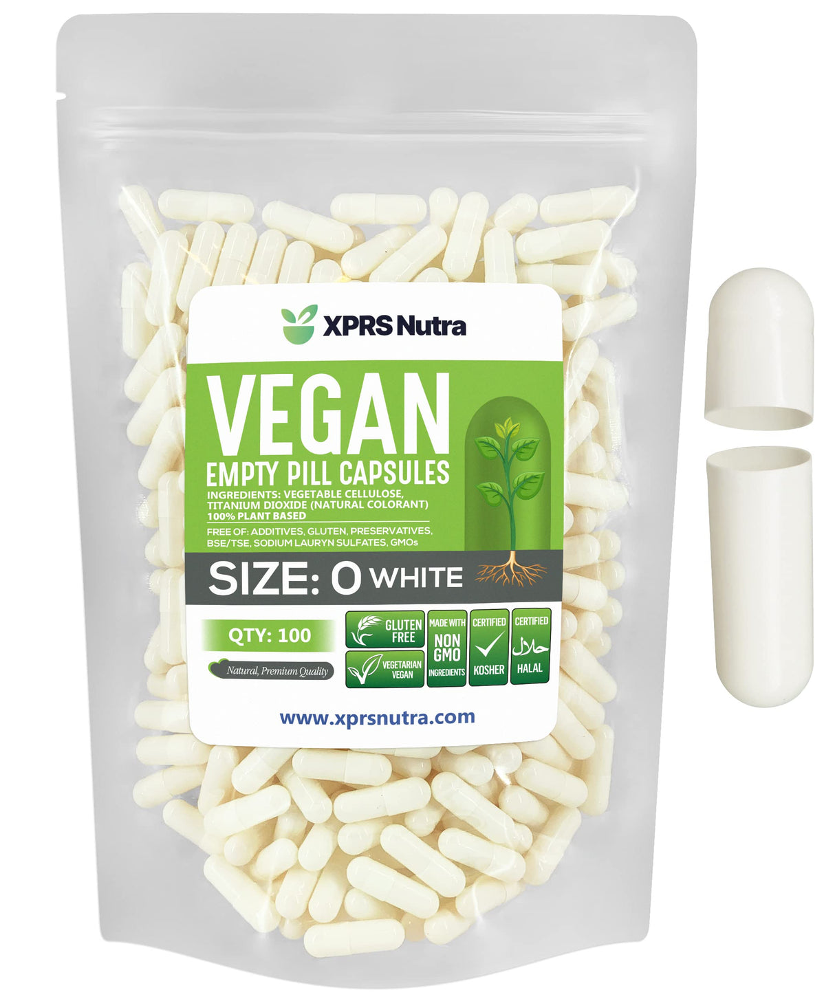 XPRS Nutra Size 0 Empty Capsules - 100 Count Empty Vegan Capsules - Vegetarian Pills - DIY Vegetable Capsule Filling - Veggie Pill Caps for Do-It-Yourself Supplements (White)