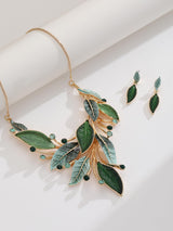 Mycitta Vintage Chunky Statement Jewelry Set 14k Gold Plated Retro Spring Green Leaf Floral Bohemian Boho Bib Necklace Earring Set Fashion Jewelry for Women Wedding Party Prom Unique Gift