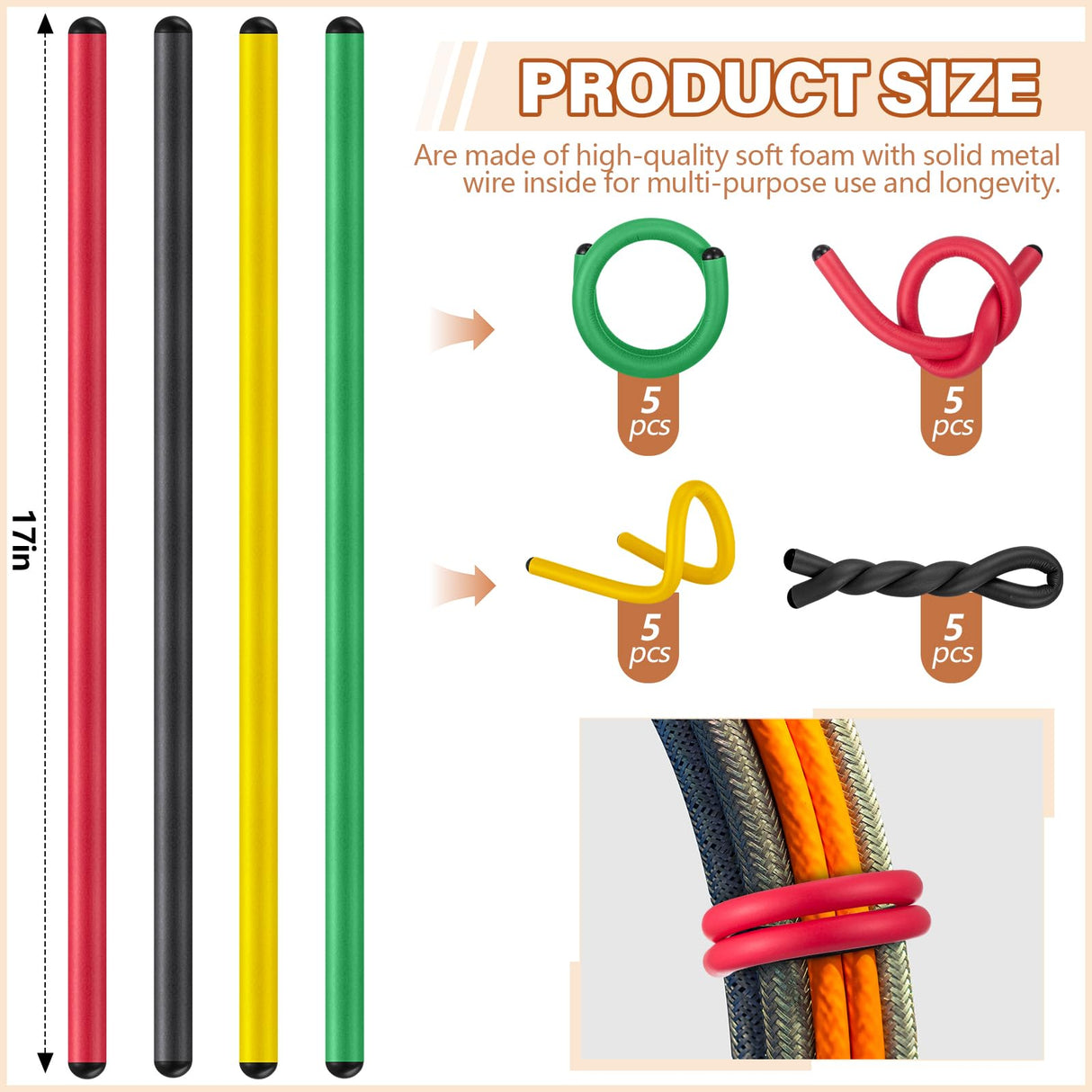 Ninehaoou 20 Pcs 17 Inch EVA Foam Twist Rubber Ties Reusable Bendable Cable Tie Straps Flexible Heavy Duty Twisty Ties for Organizing Cords Bundling (Red,Yellow,Green,Black)