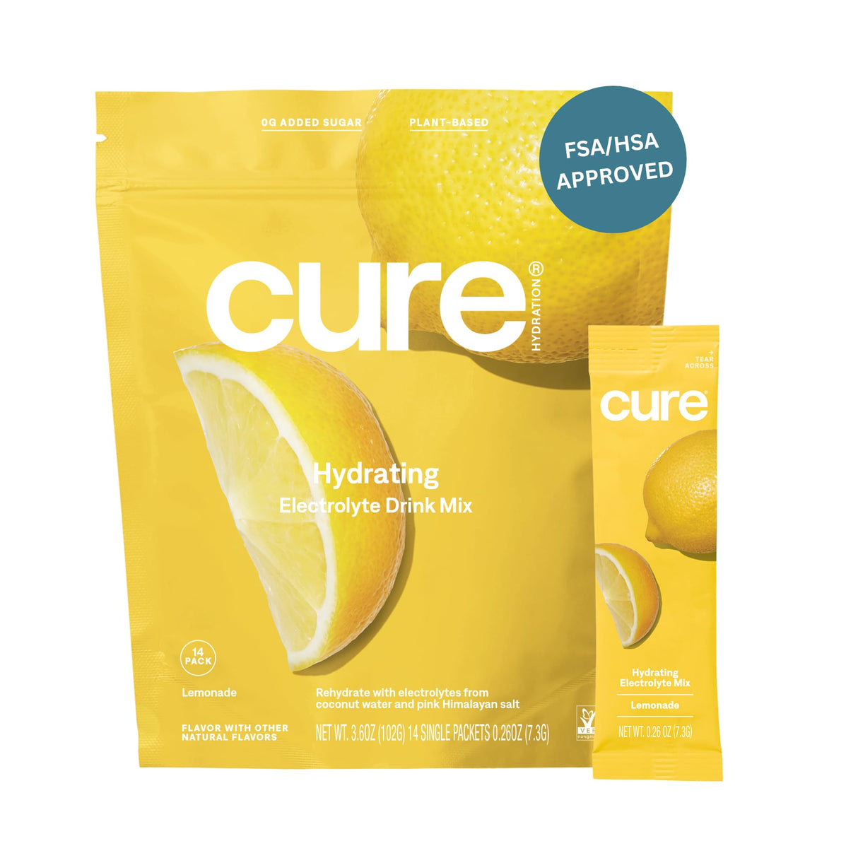 Cure Hydration | Plant-Based Electrolyte Drink Mix | No Added Sugar | FSA & HSA | Dehydration Relief Powder Made with Coconut Water | Non-GMO | Vegan | Pouch of 14 Packets - Lemonade