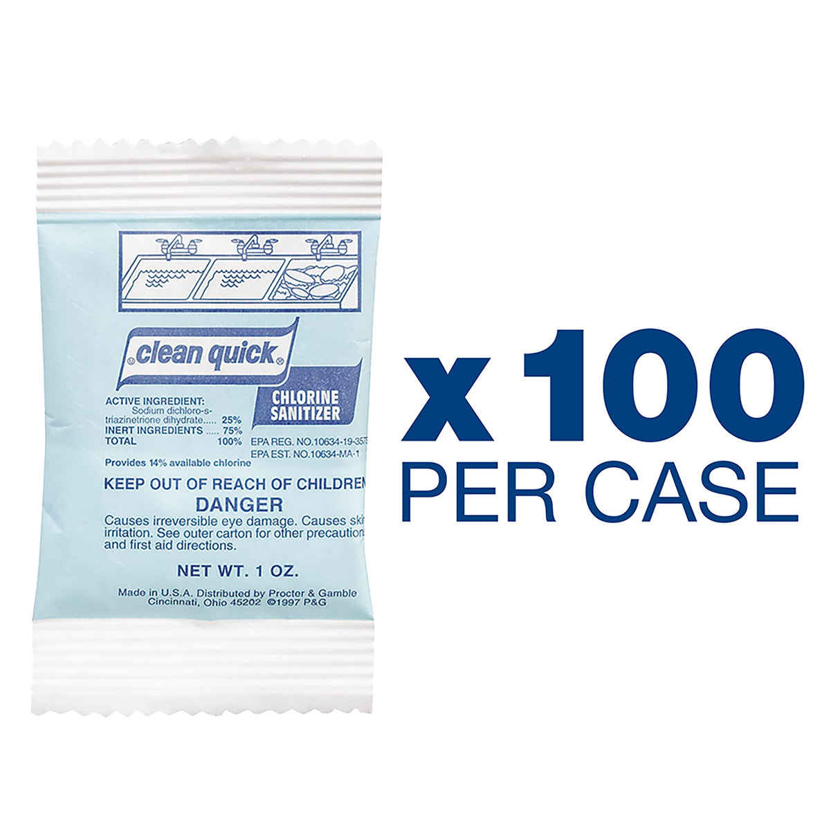 Clean Quick Professional Bulk Powdered Chlorine Dish Sanitizer for Commercial Use, 1 oz. Packets (Case of 100)