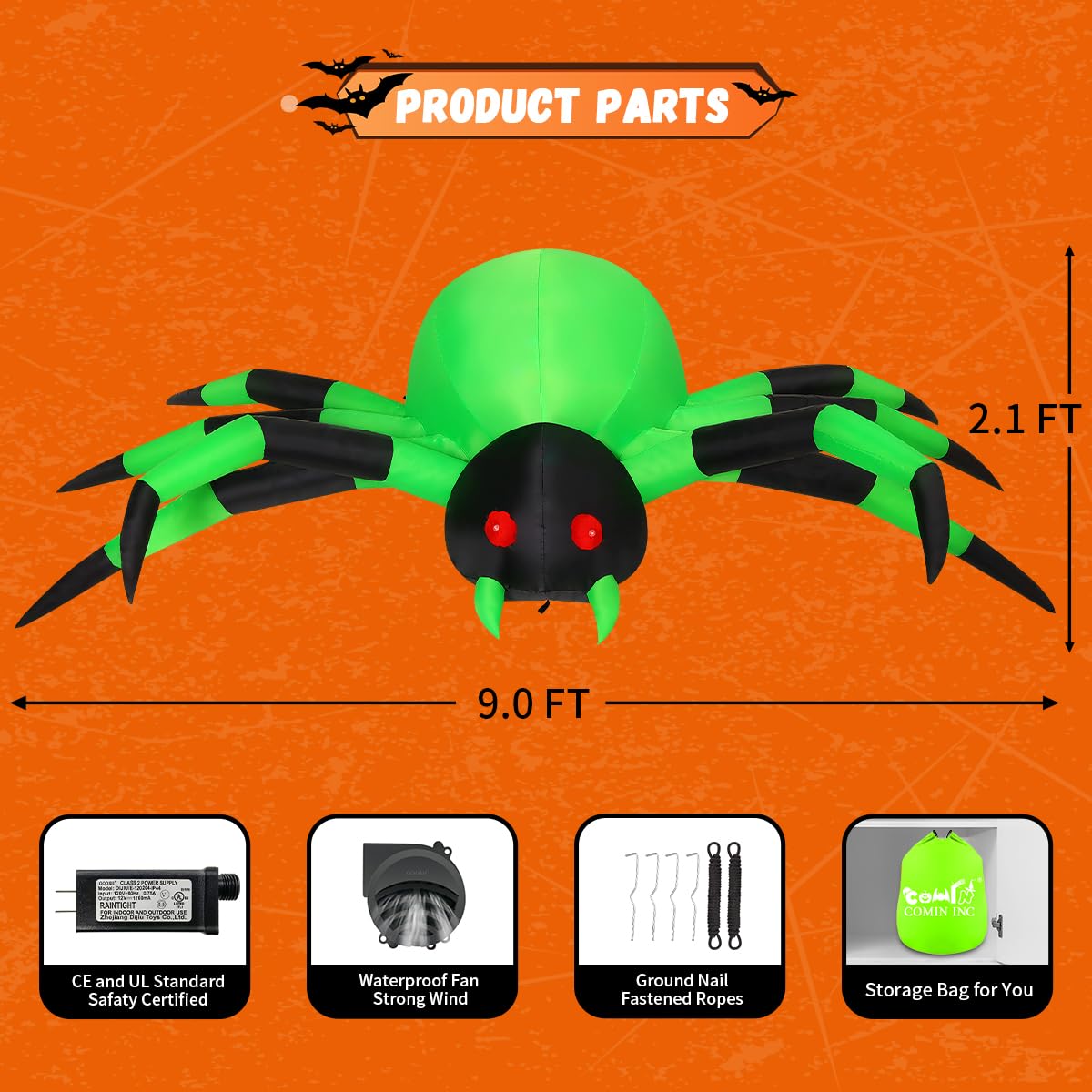COMIN 9FT Halloween Inflatables Decorations Green Spider Yard LEDs Decor
